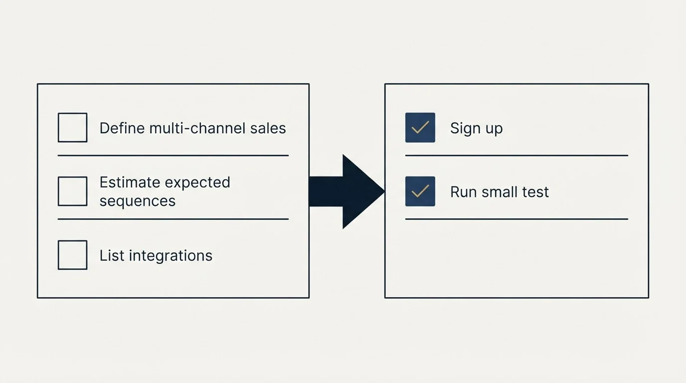 Before-and-after steps: Getting Started Checklist (Define multi-channel sales, Estimate expected sequences, List integrations, Sign up)