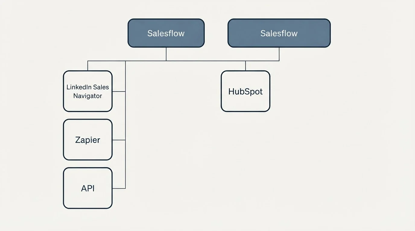 Integration grid: Integration Ecosystem (Salesflow, HubSpot, LinkedIn Sales Navigator, Zapier)