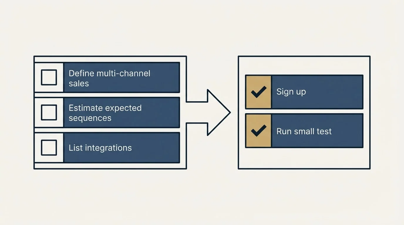 Before-and-after steps: Getting Started Checklist (Define multi-channel sales, Estimate expected sequences, List integrations, Sign up)