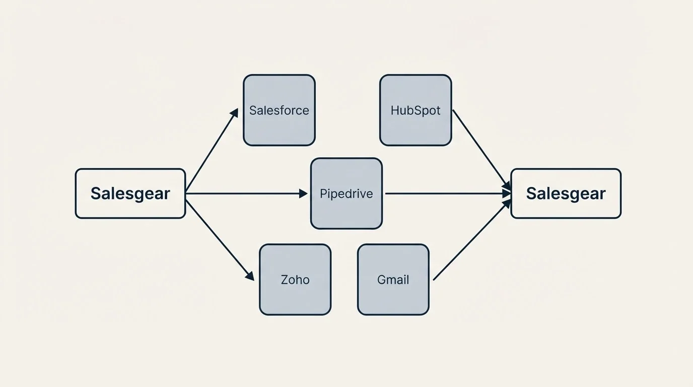Integration schematic: Integration Ecosystem (Salesgear, Salesforce, HubSpot, Pipedrive)