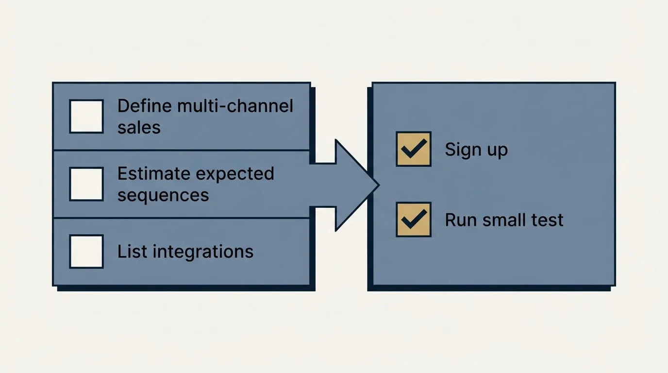 Before-and-after steps: Getting Started Checklist (Define multi-channel sales, Estimate expected sequences, List integrations, Sign up)