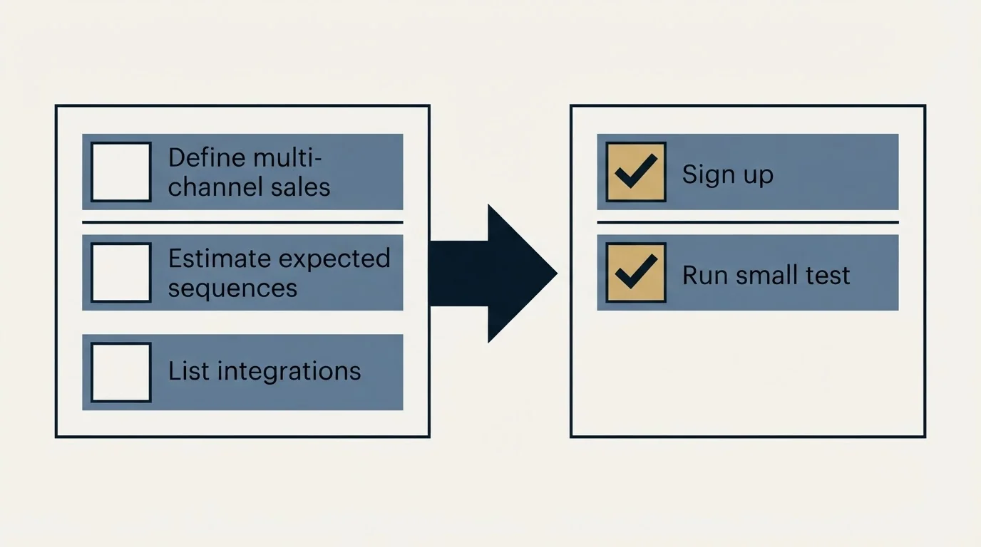 Before-and-after steps: Getting Started Checklist (Define multi-channel sales, Estimate expected sequences, List integrations, Sign up)