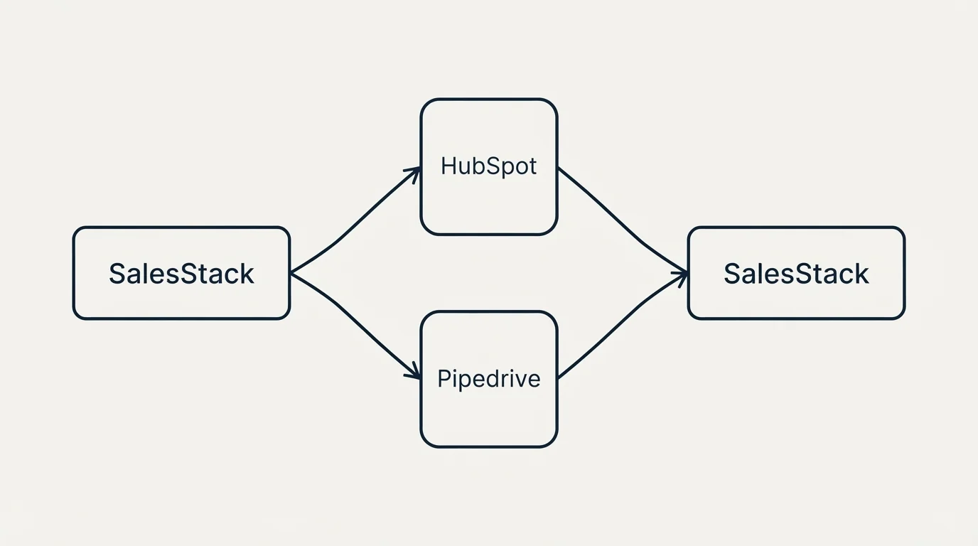 Integration schematic: Integration Ecosystem (SalesStack, HubSpot, Pipedrive, Zoho)