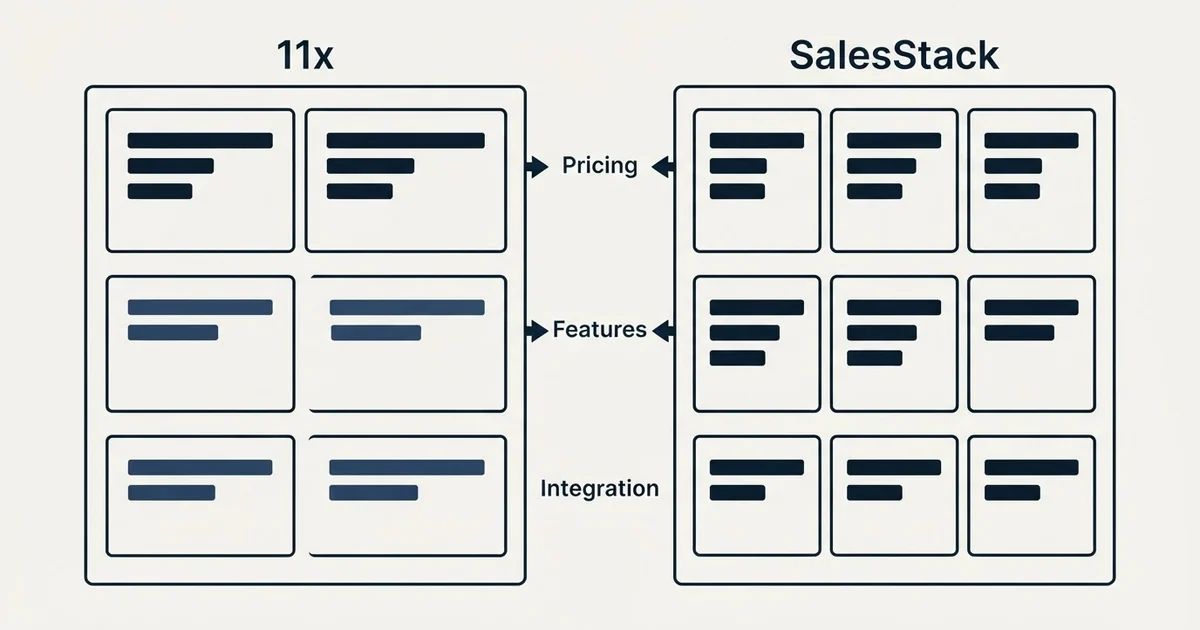 Comparison panel: 11x vs SalesStack (Pricing, Features, Integration)
