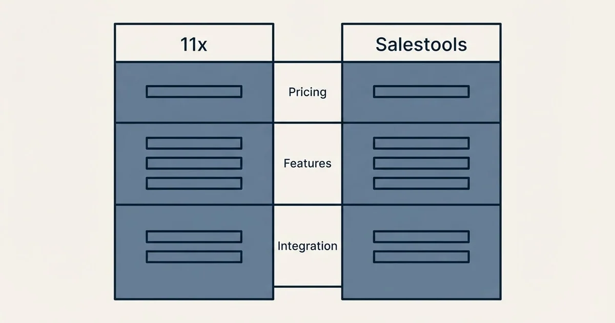 Comparison panel: 11x vs Salestools (Pricing, Features, Integration)