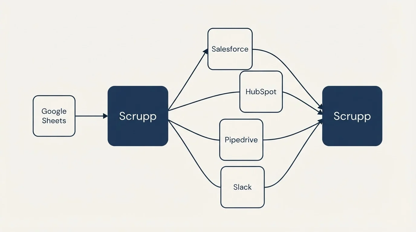 Integration schematic: Integration Ecosystem (Scrupp, Salesforce, HubSpot, Pipedrive)