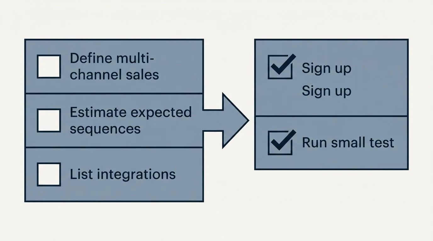 Before-and-after steps: Getting Started Checklist (Define multi-channel sales, Estimate expected sequences, List integrations, Sign up)