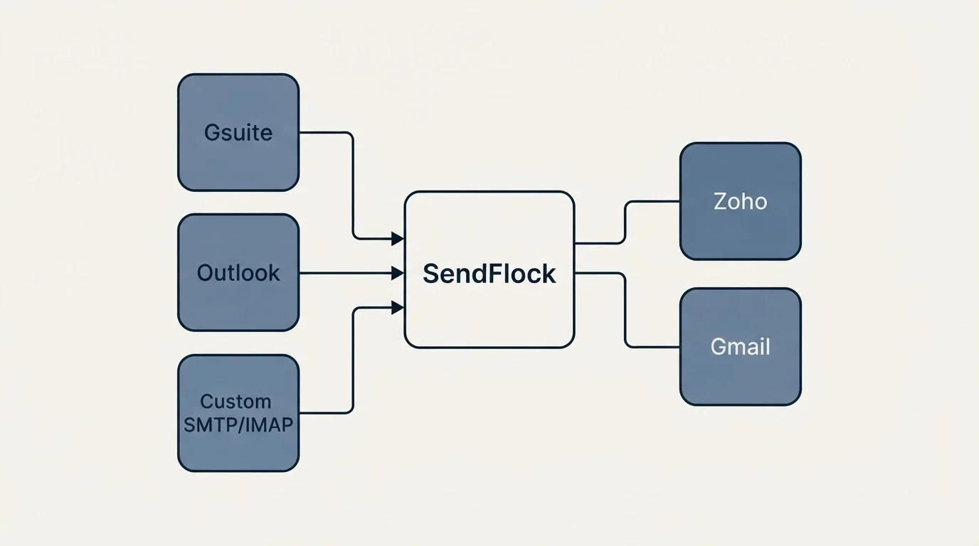 Integration schematic: Integration Ecosystem (SendFlock, Zoho, Gmail, Gsuite)