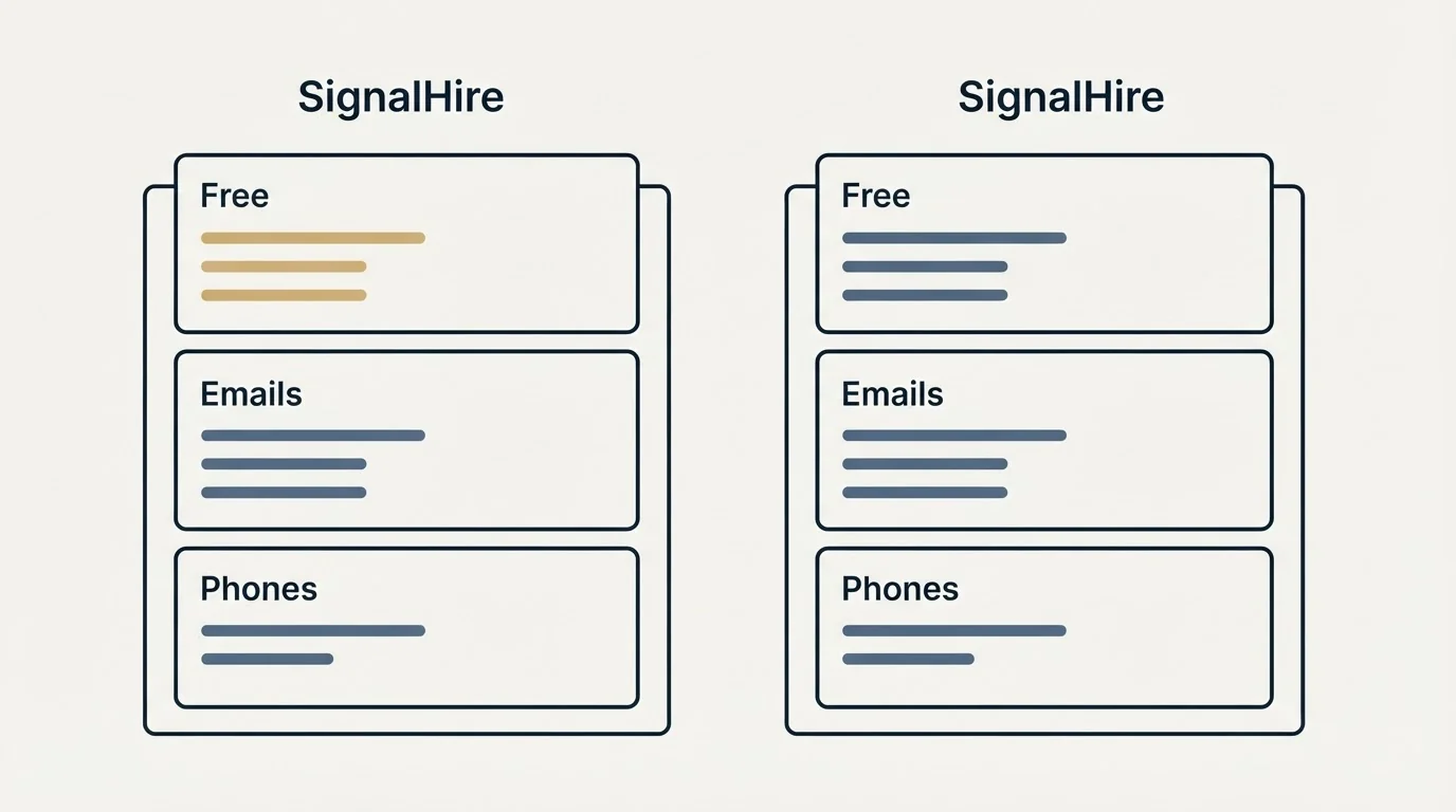 Pricing panels: Pricing Comparison (SignalHire, Free, Emails, Phones)