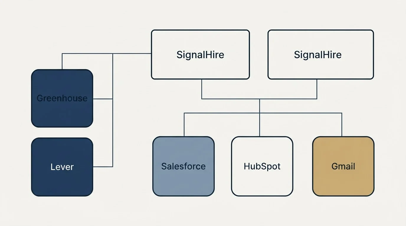 Integration grid: Integration Ecosystem (SignalHire, Salesforce, HubSpot, Gmail)