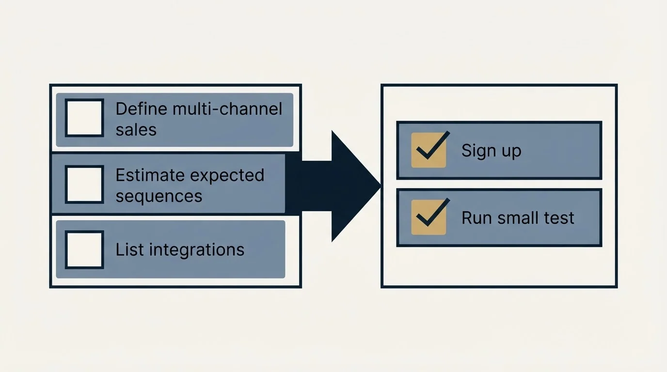Before-and-after steps: Getting Started Checklist (Define multi-channel sales, Estimate expected sequences, List integrations, Sign up)