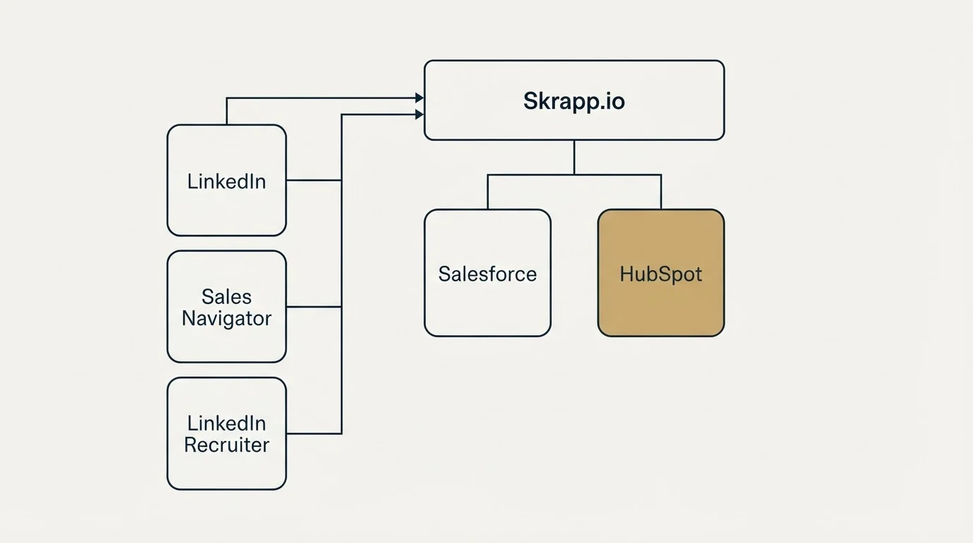 Integration grid: Integration Ecosystem (Skrapp.io, Salesforce, HubSpot, LinkedIn)