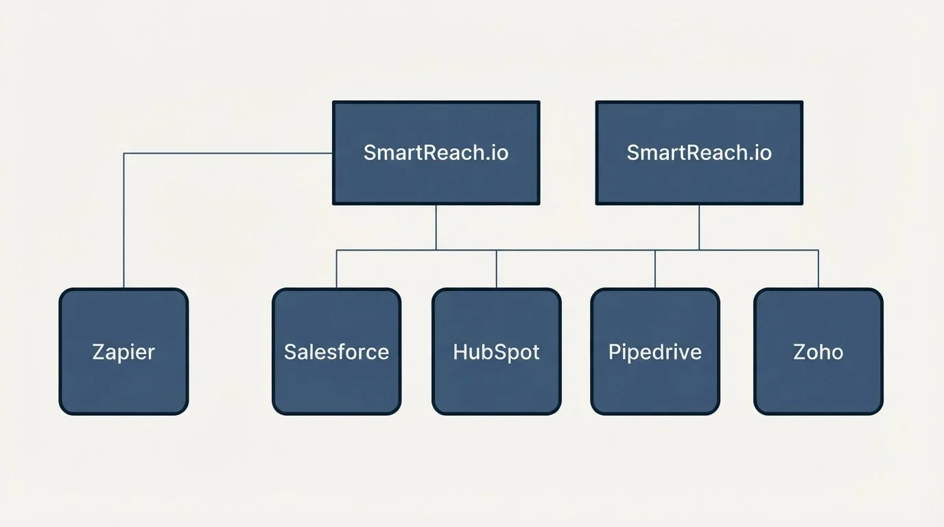 Integration grid: Integration Ecosystem (SmartReach.io, Salesforce, HubSpot, Pipedrive)