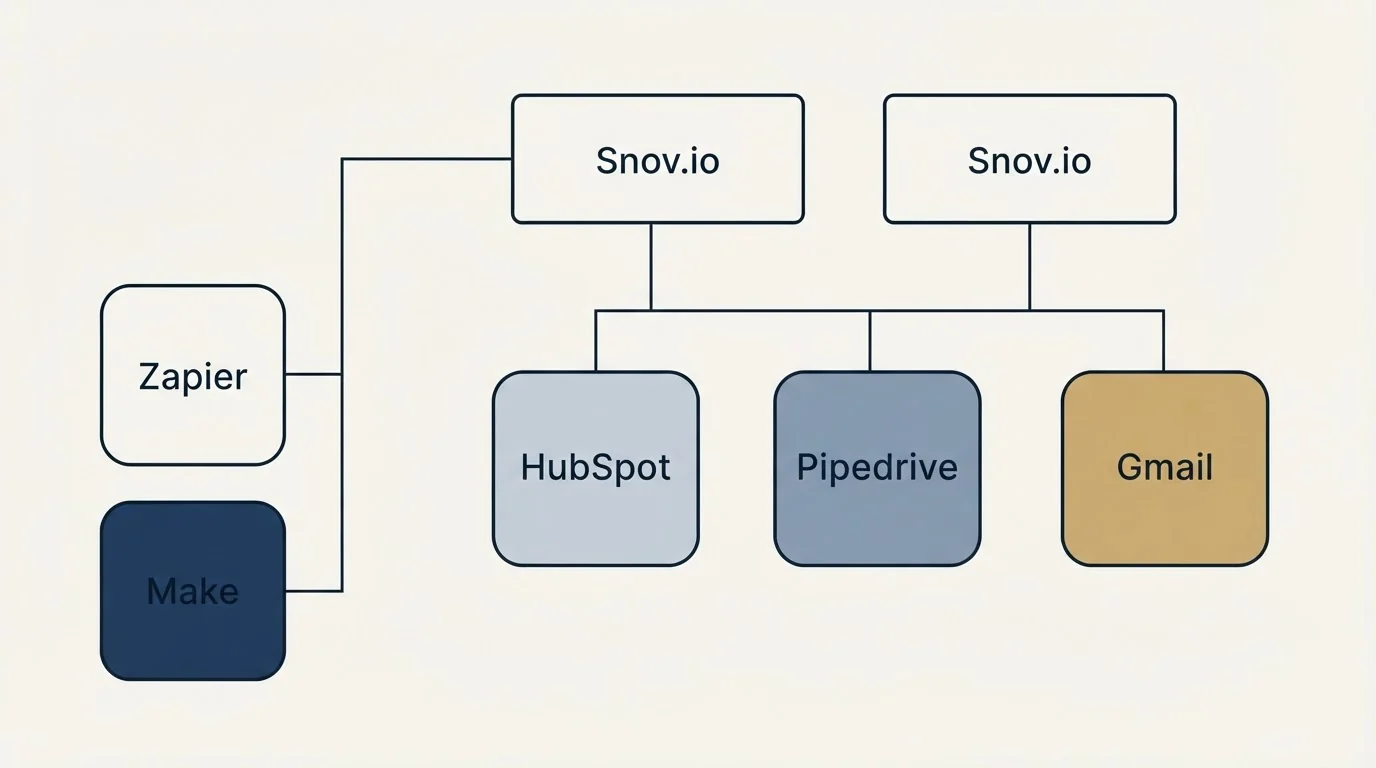 Integration grid: Integration Ecosystem (Snov.io, HubSpot, Pipedrive, Gmail)