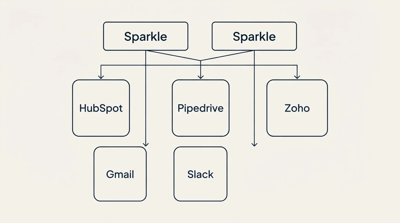 Integration grid: Integration Ecosystem (Sparkle, HubSpot, Pipedrive, Zoho)