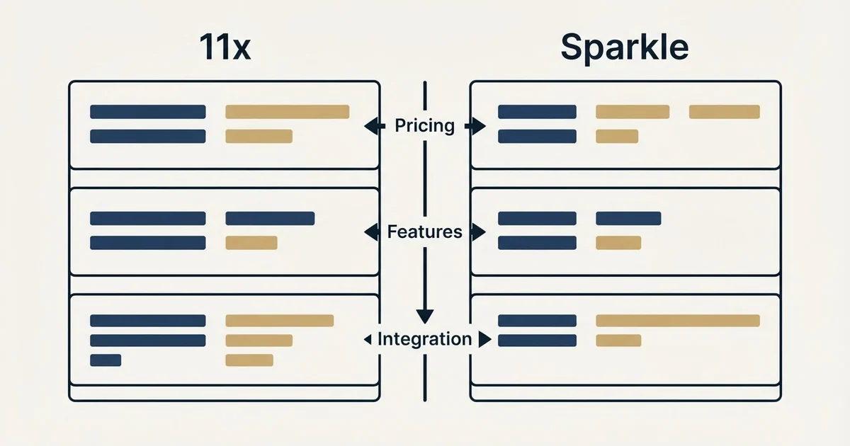 Comparison panel: 11x vs Sparkle (Pricing, Features, Integration)