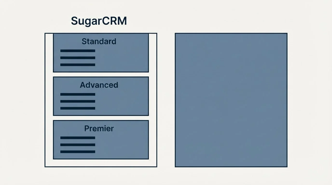 Pricing panels: Pricing Comparison (SugarCRM, Standard, Advanced, Premier)