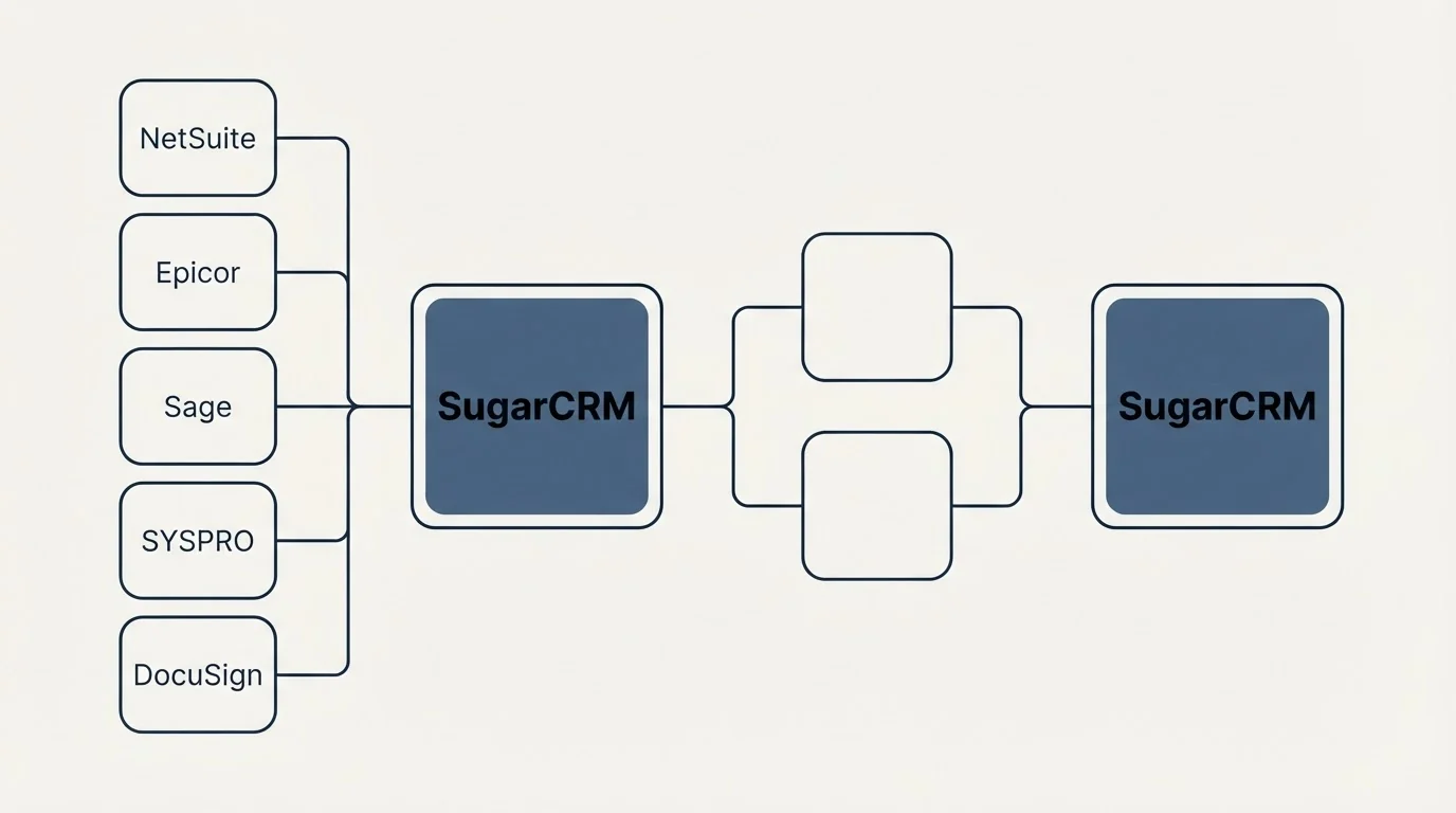 Integration schematic: Integration Ecosystem (SugarCRM, NetSuite, Epicor, Sage)