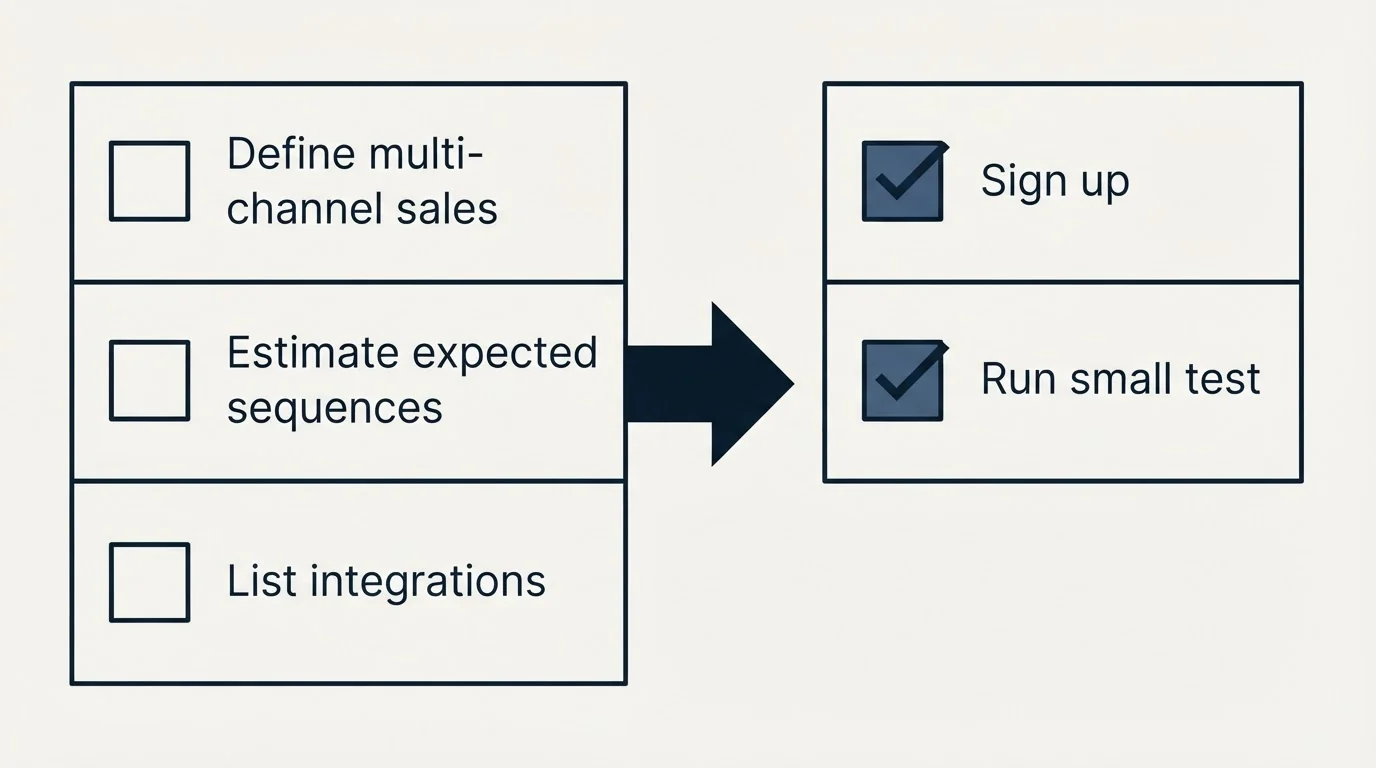 Before-and-after steps: Getting Started Checklist (Define multi-channel sales, Estimate expected sequences, List integrations, Sign up)
