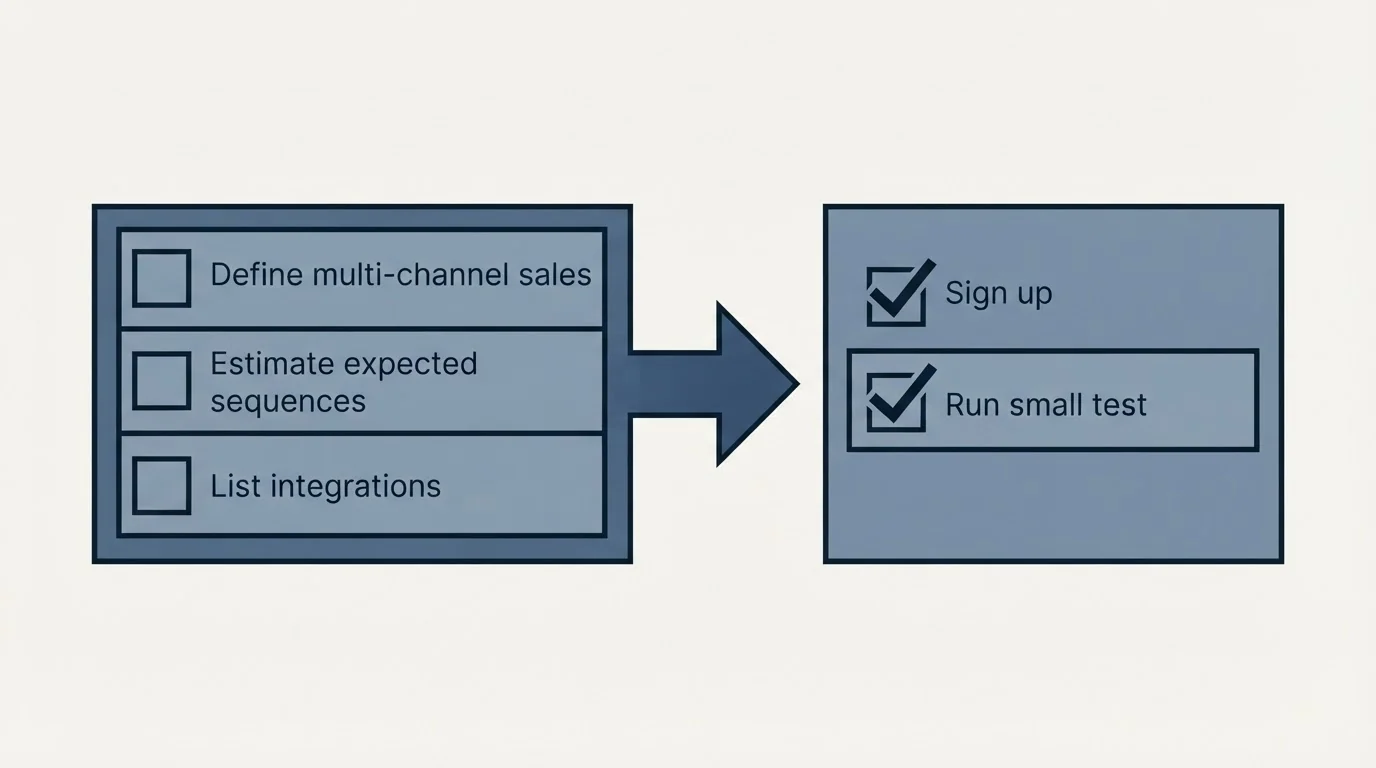 Before-and-after steps: Getting Started Checklist (Define multi-channel sales, Estimate expected sequences, List integrations, Sign up)