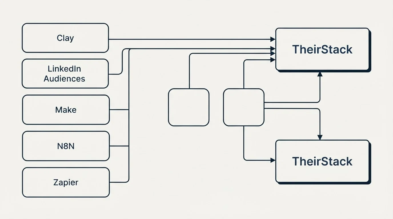 Integration schematic: Integration Ecosystem (TheirStack, Clay, LinkedIn Audiences, Make)