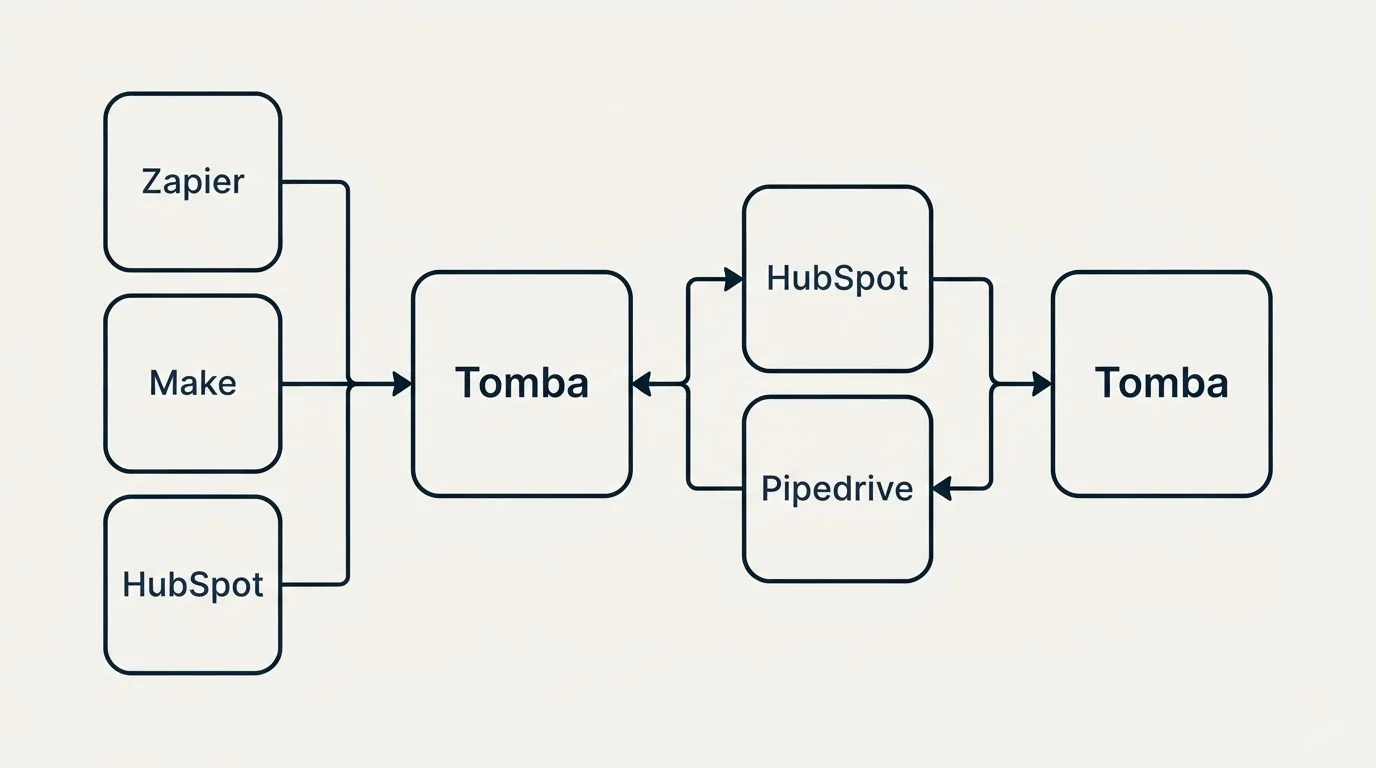 Integration schematic: Integration Ecosystem (Tomba, HubSpot, Pipedrive, Zapier)