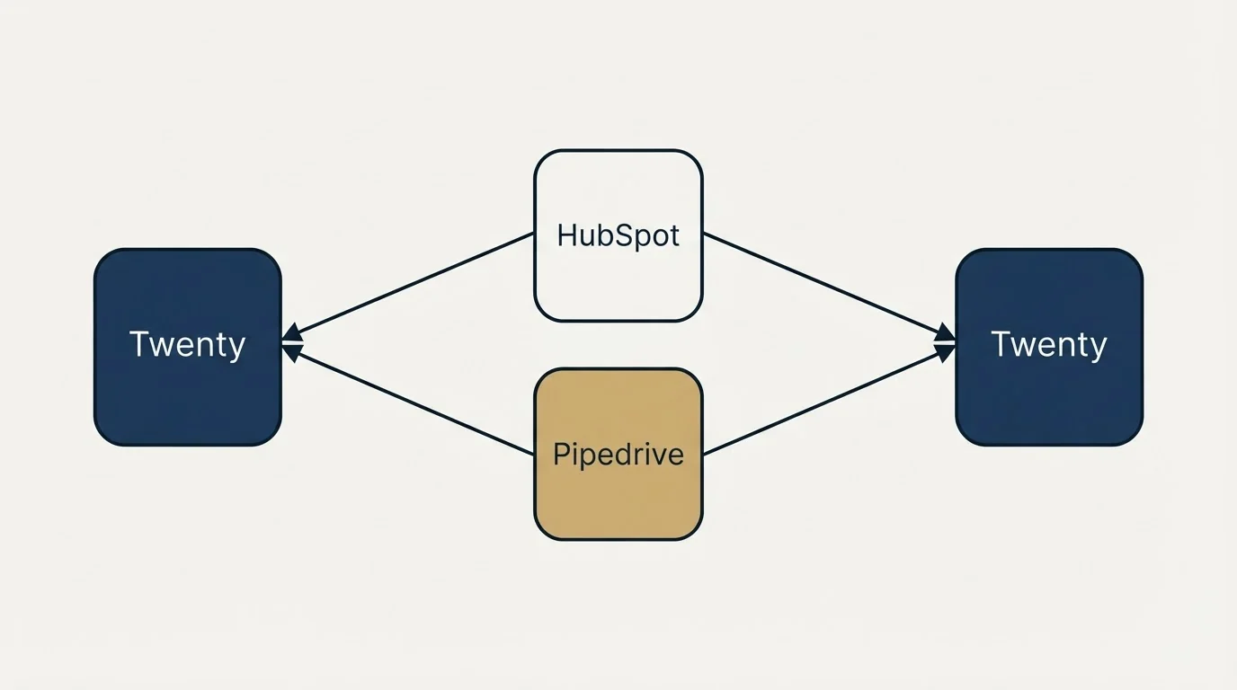 Integration schematic: Integration Ecosystem (Twenty, HubSpot, Pipedrive, Zoho)