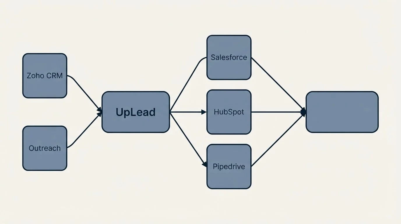 Integration schematic: Integration Ecosystem (UpLead, Salesforce, HubSpot, Pipedrive)