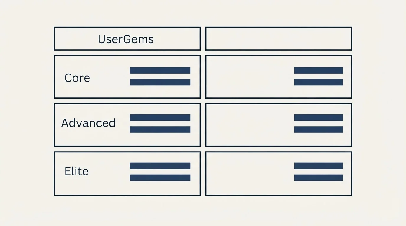 Pricing table: Pricing Comparison (UserGems, Core, Advanced, Elite)
