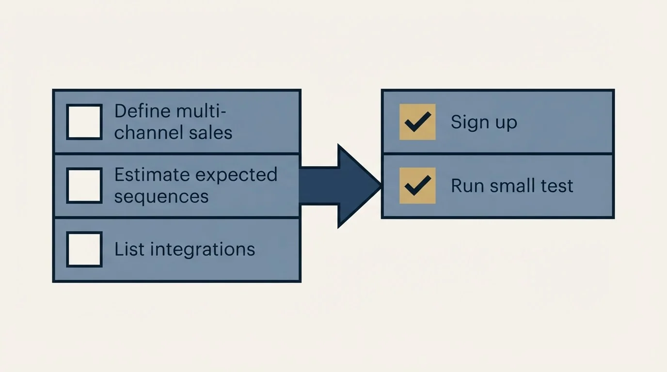 Before-and-after steps: Getting Started Checklist (Define multi-channel sales, Estimate expected sequences, List integrations, Sign up)