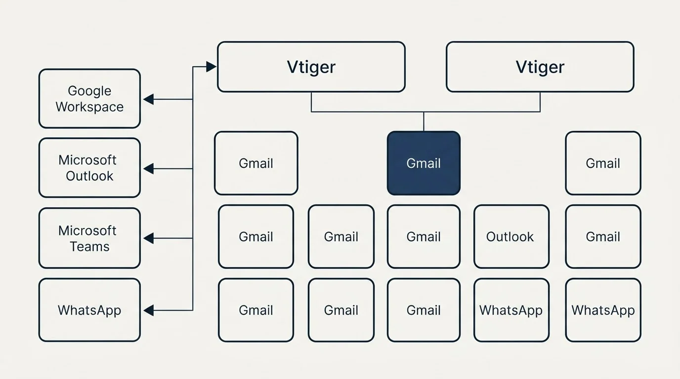 Integration grid: Integration Ecosystem (Vtiger, Gmail, Google Workspace, Microsoft Outlook)