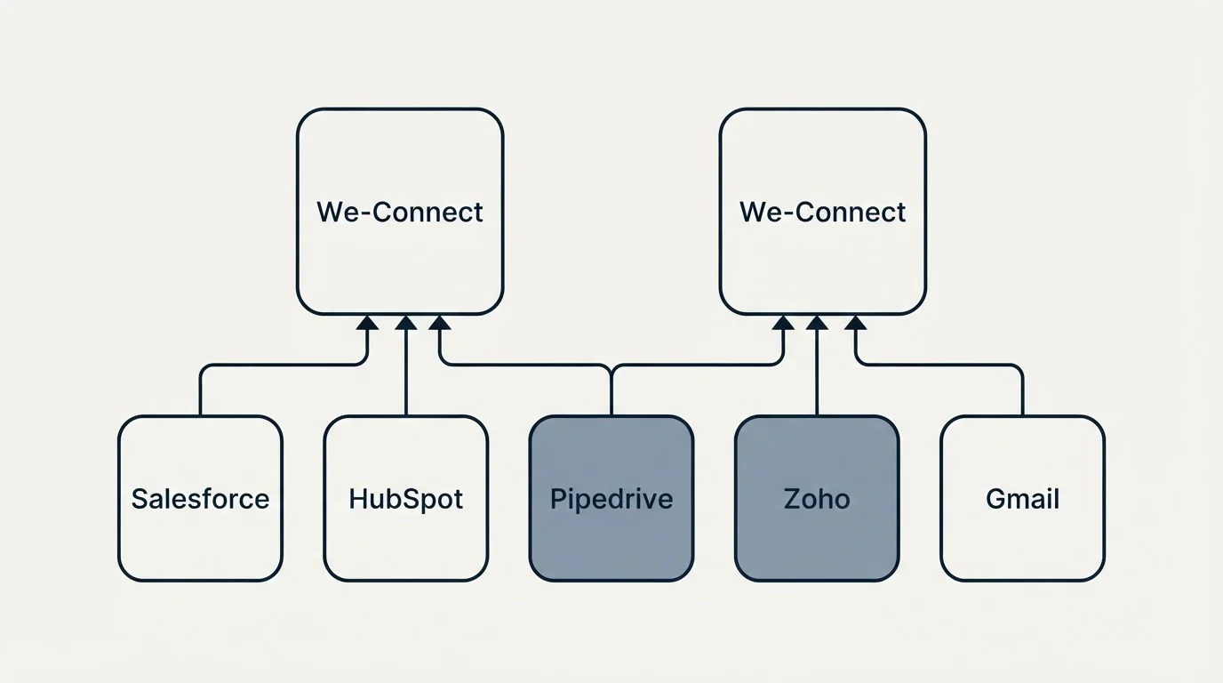 Integration schematic: Integration Ecosystem (We-Connect, Salesforce, HubSpot, Pipedrive)