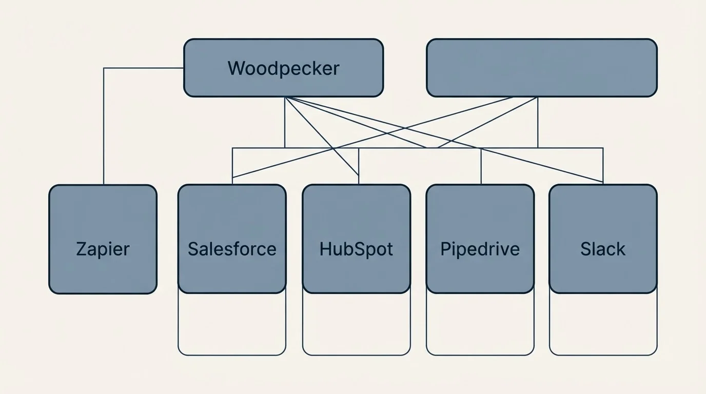 Integration grid: Integration Ecosystem (Woodpecker, Salesforce, HubSpot, Pipedrive)