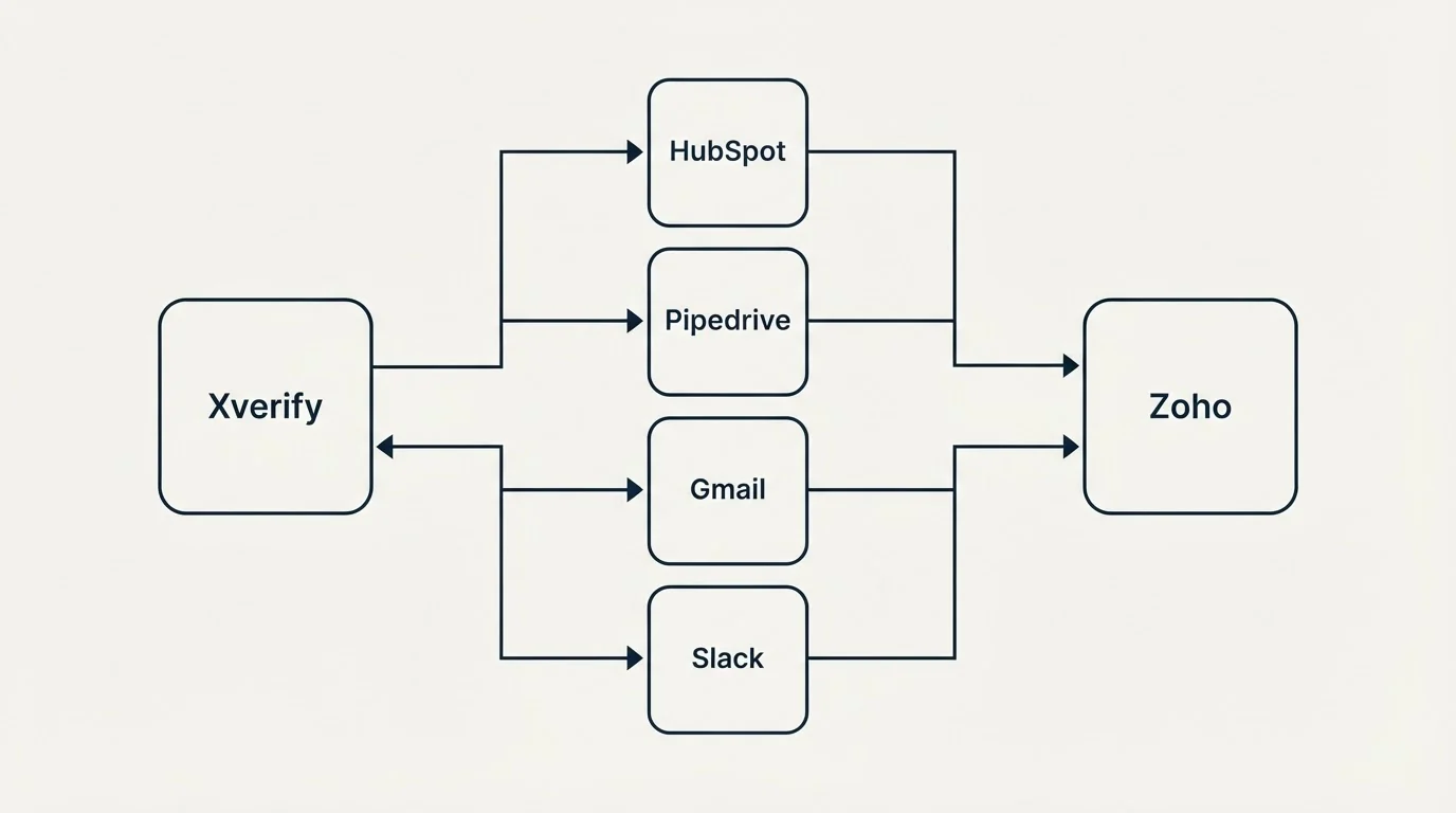 Integration flow: Integration Ecosystem (Xverify, HubSpot, Pipedrive, Zoho)