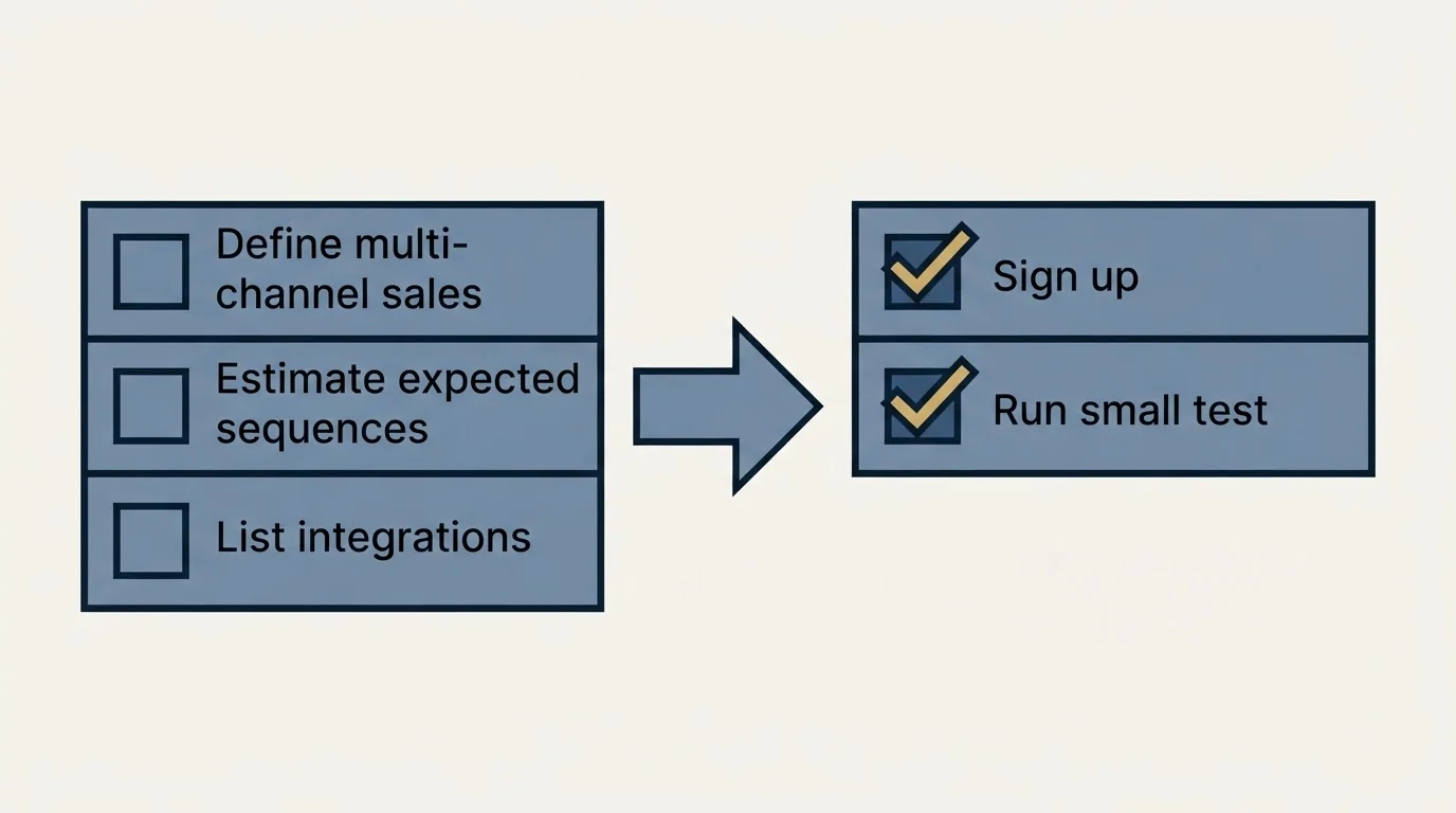 Before-and-after steps: Getting Started Checklist (Define multi-channel sales, Estimate expected sequences, List integrations, Sign up)