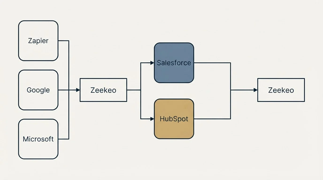 Integration flow: Integration Ecosystem (Zeekeo, Salesforce, HubSpot, Zapier)