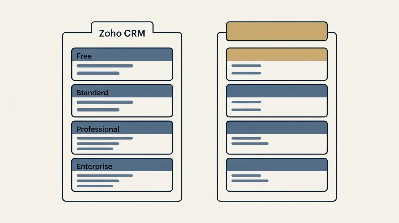 Pricing panels: Pricing Comparison (Zoho CRM, Free, Standard, Professional)