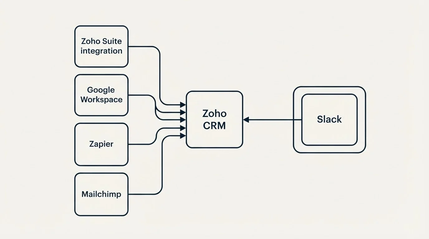 Integration schematic: Integration Ecosystem (Zoho CRM, Slack, Zoho Suite integration, Google Workspace)