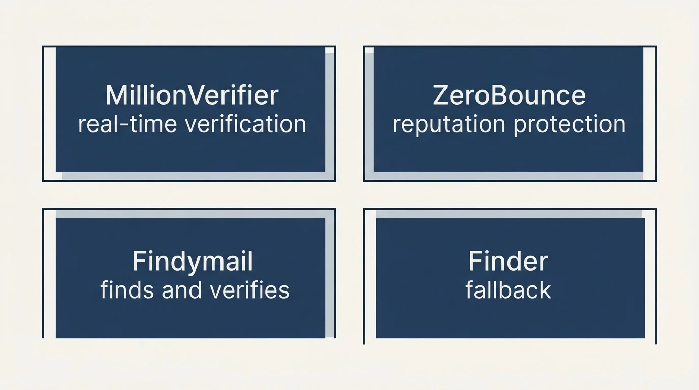Schematic: Verification: Protecting The Domain (MillionVerifier real-time verification, ZeroBounce reputation protection, Findymail finds and verifies, Finder fallback)