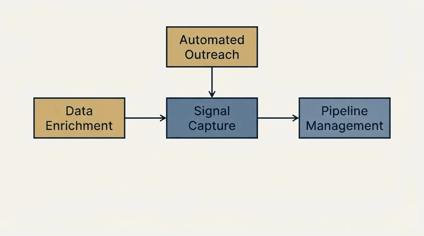 Schematic: The Stack We Use (Signal Capture, Data Enrichment, Automated Outreach, Pipeline Management)