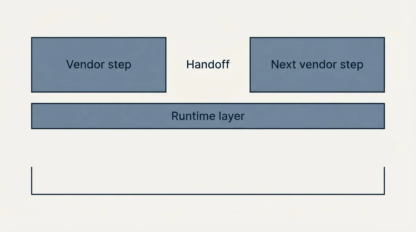 Schematic: The Eighth Job Is The One Nobody Sells You (Vendor step, Handoff, Next vendor step, Runtime layer)