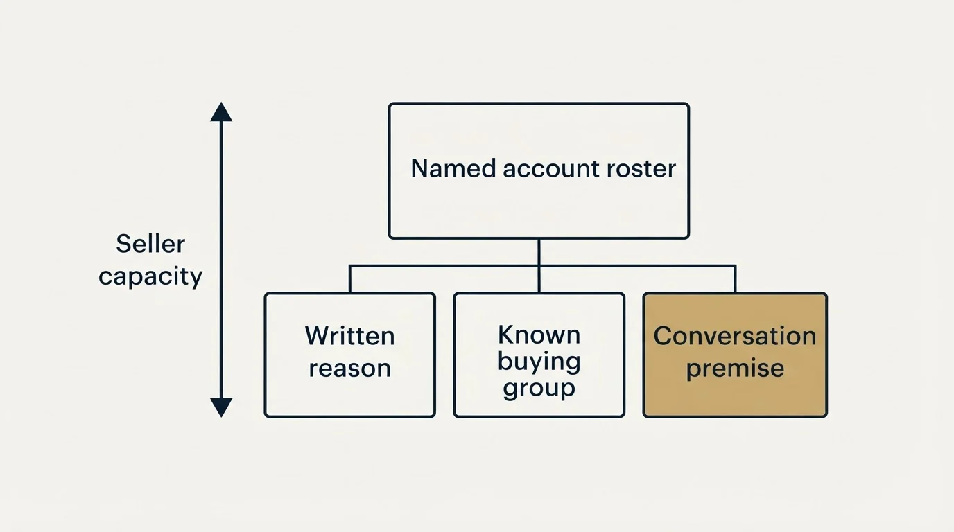 Schematic: The short version (Named account roster, Written reason, Known buying group, Conversation premise)