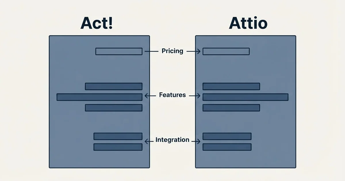 Comparison panel: Act! vs Attio (Pricing, Features, Integration)