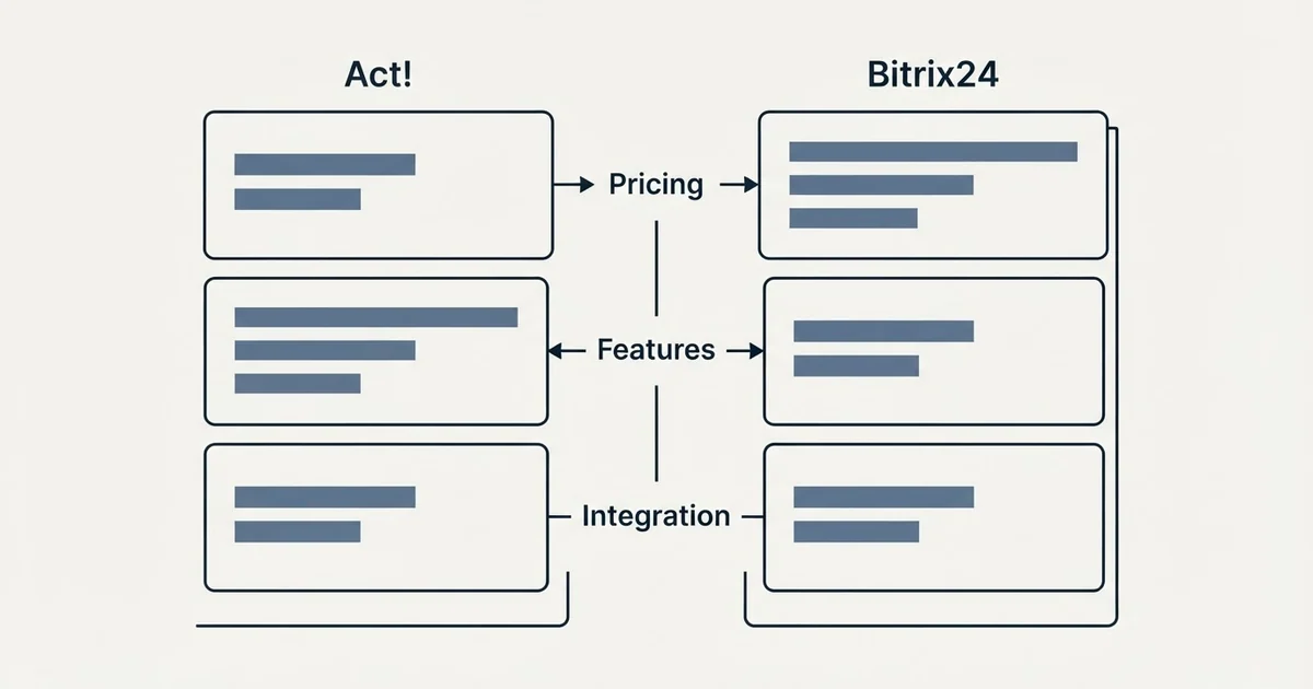 Comparison panel: Act! vs Bitrix24 (Pricing, Features, Integration)