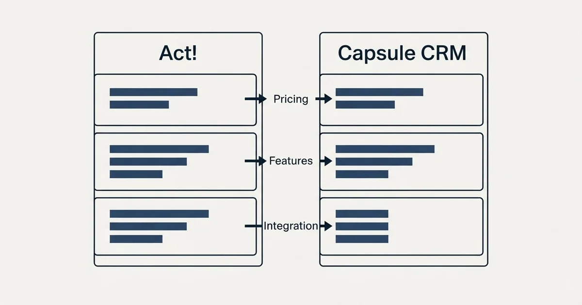 Comparison panel: Act! vs Capsule CRM (Pricing, Features, Integration)