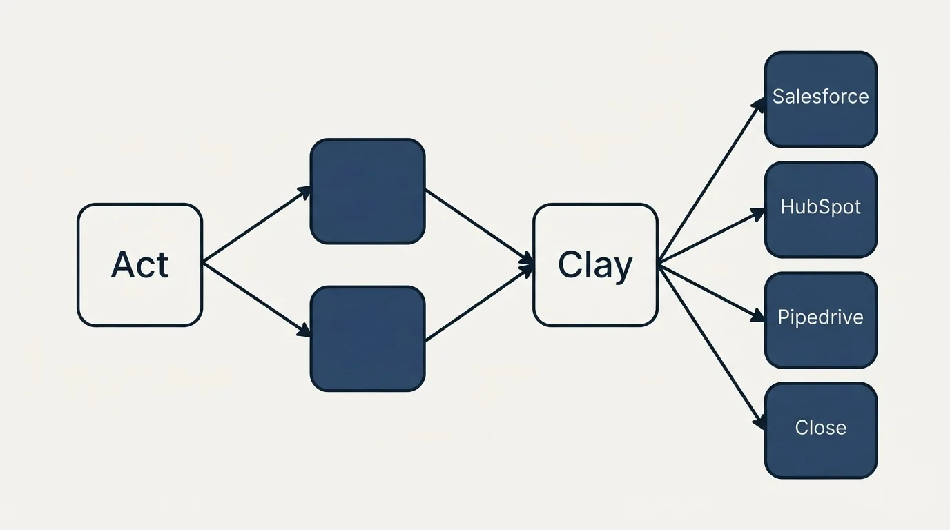 Integration schematic: Integration Ecosystem (Act, Clay, Salesforce, HubSpot)