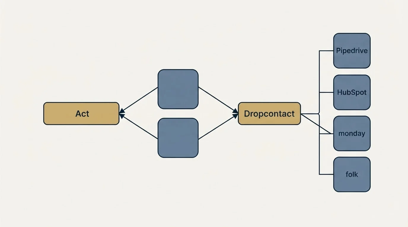 Integration schematic: Integration Ecosystem (Act, Dropcontact, Pipedrive, HubSpot)