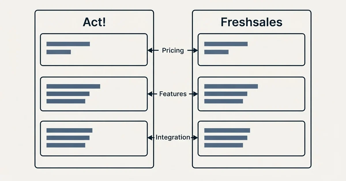 Comparison panel: Act! vs Freshsales (Pricing, Features, Integration)
