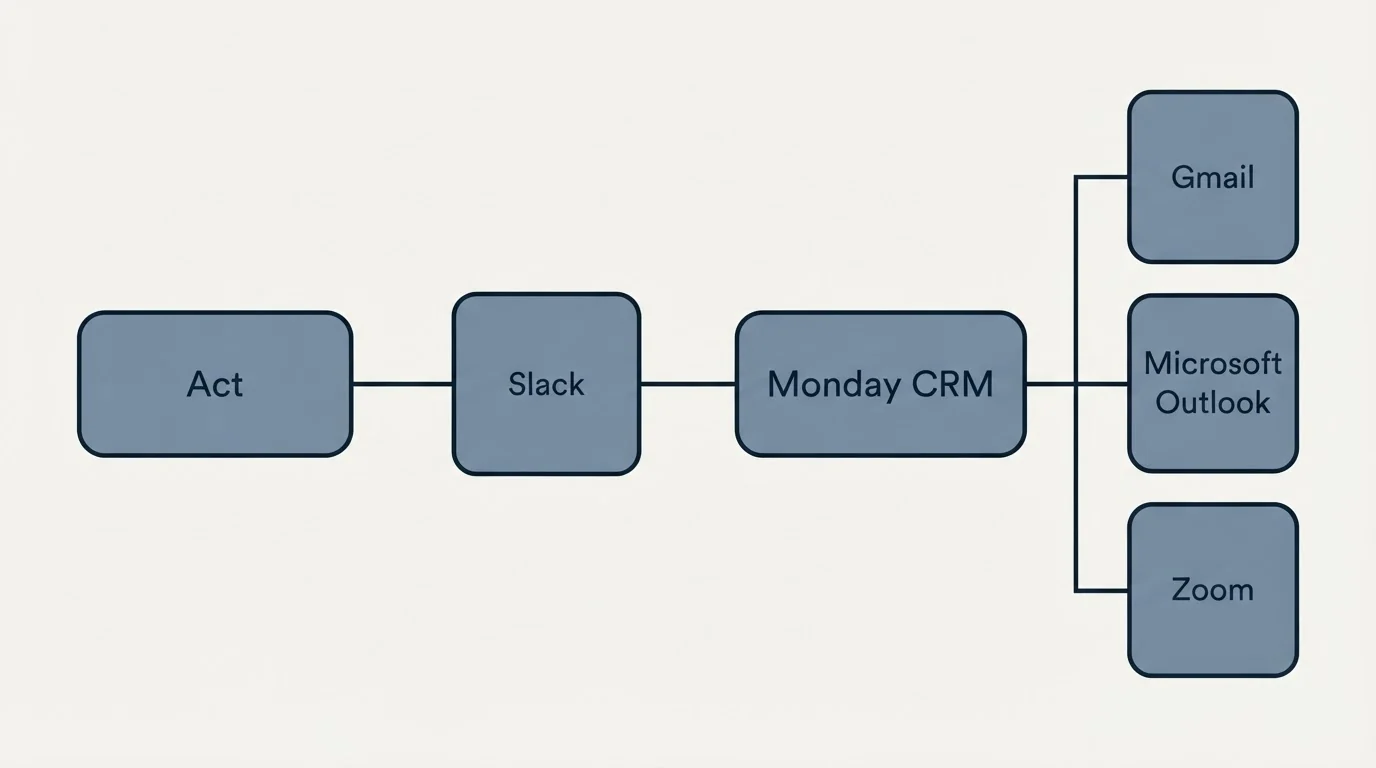 Integration flow: Integration Ecosystem (Act, Monday CRM, Slack, Gmail)