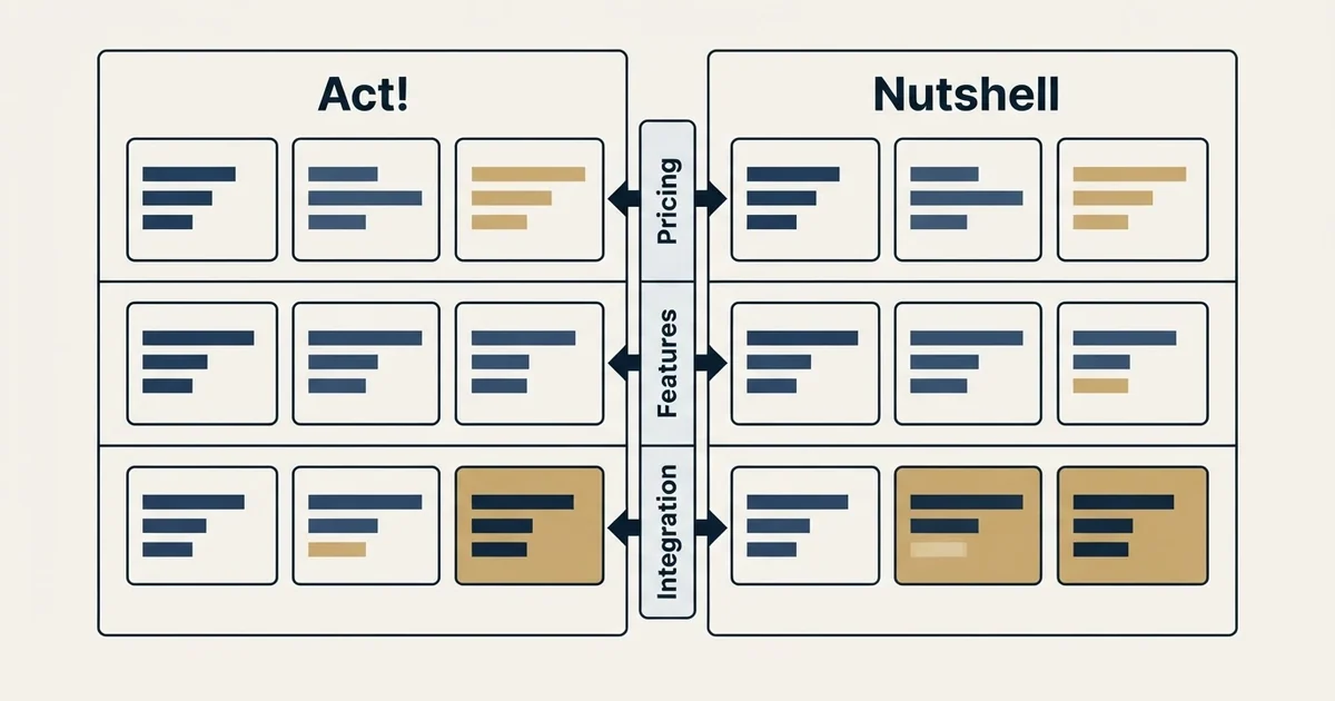 Comparison panel: Act! vs Nutshell (Pricing, Features, Integration)